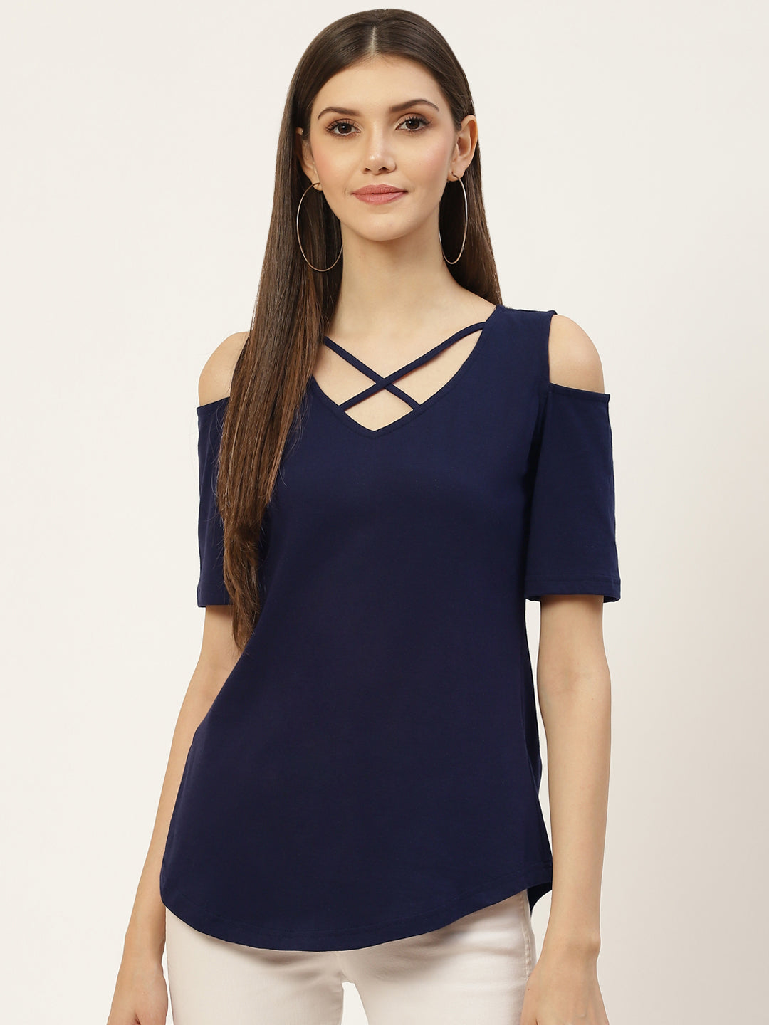 Women Cotton Solid Cold-Shoulder Sleeves Top
