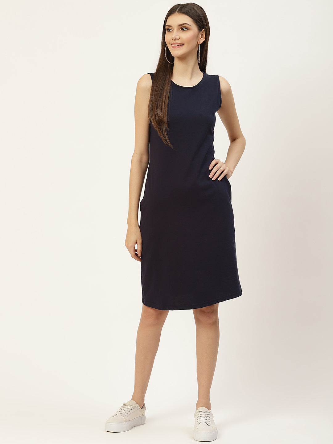 Pure Cotton Solid A-Line Sleeveless Dress