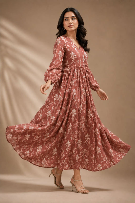 Printed Puff Sleeves Maxi Dress