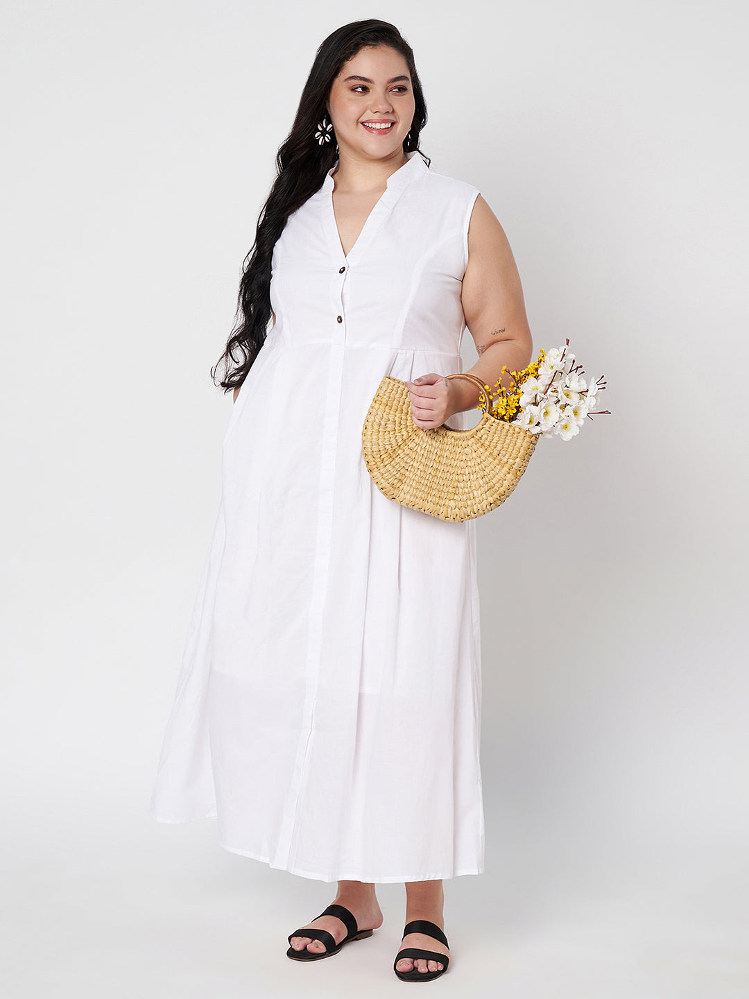 Plus Size Mandairan Coller Fit And Flare Maxi Dress