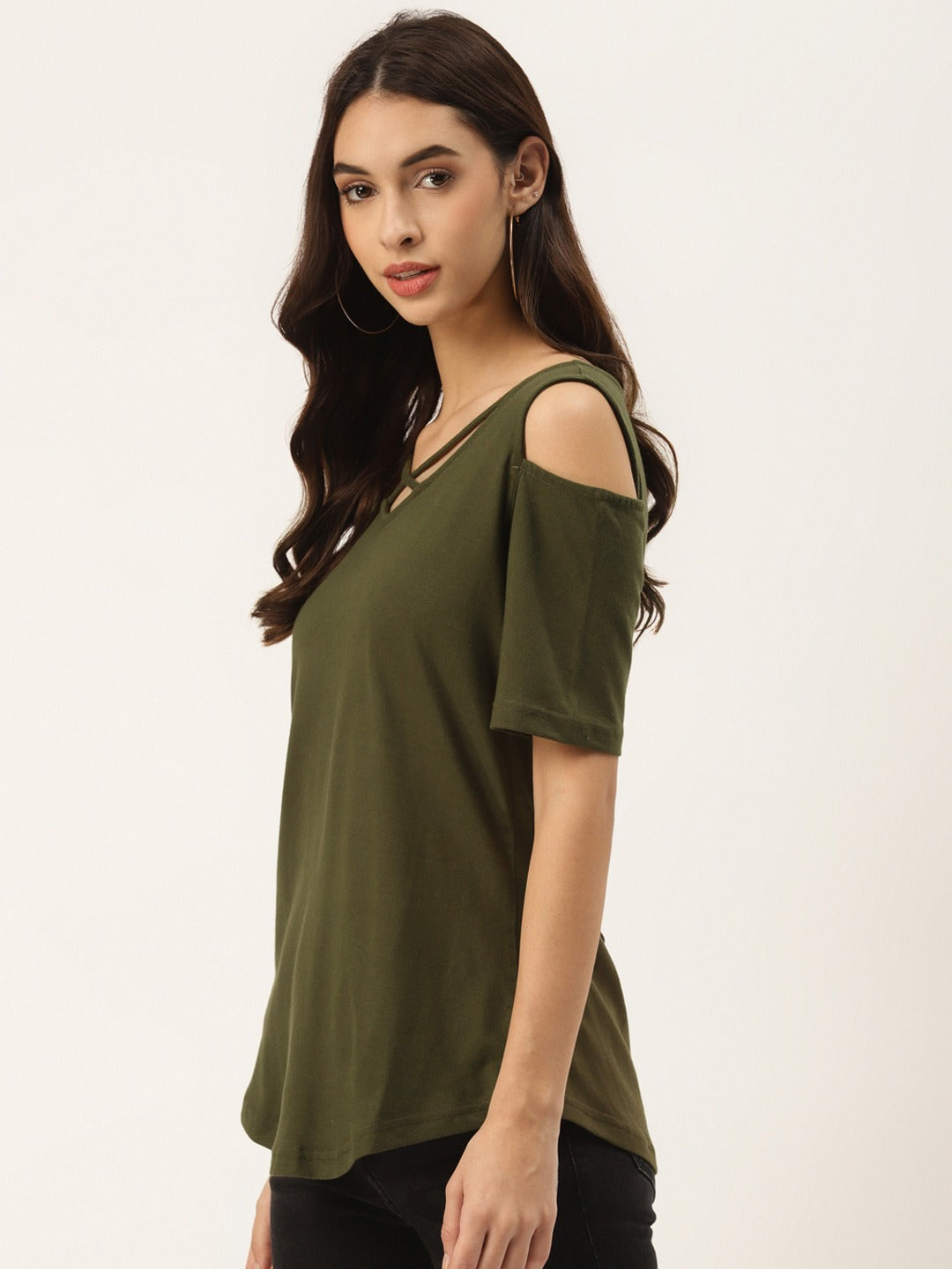 Women Cotton Solid Cold-Shoulder Sleeves Top