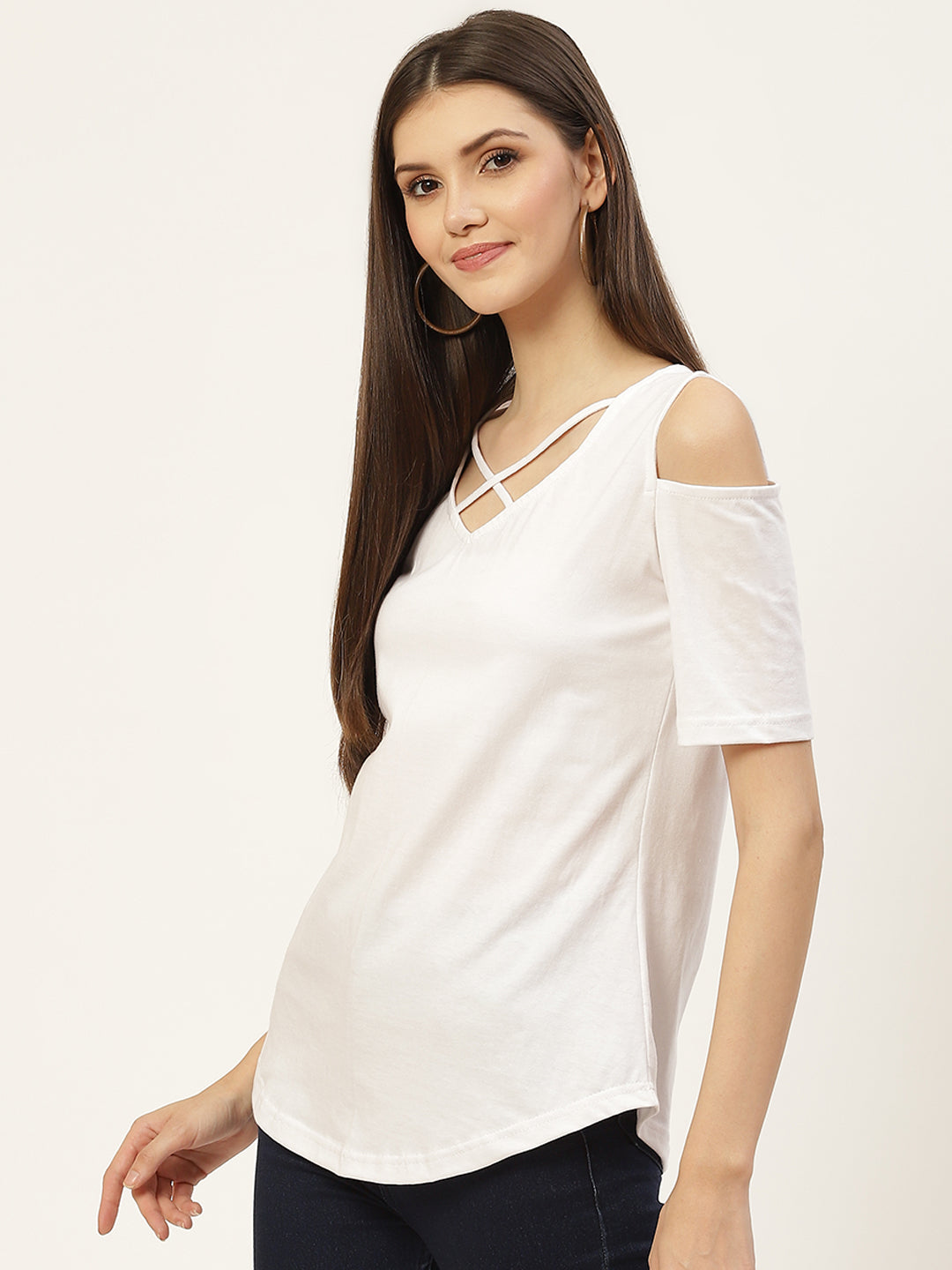Women Cotton Solid Cold-Shoulder Sleeves Top