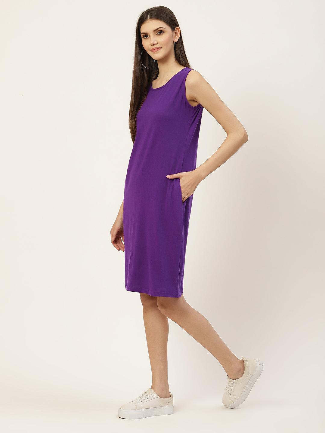 Pure Cotton Solid A-Line Sleeveless Dress