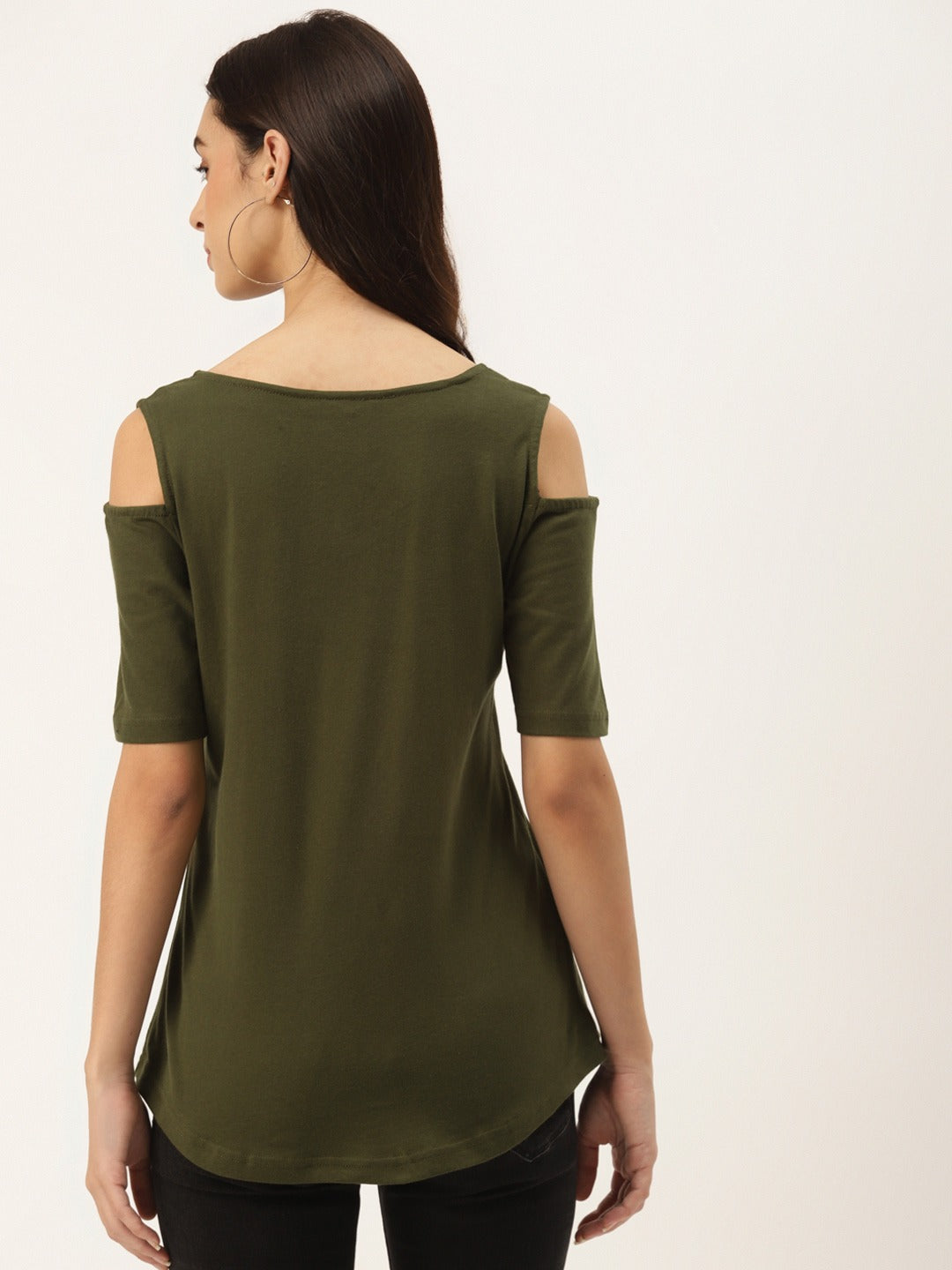 Women Cotton Solid Cold-Shoulder Sleeves Top