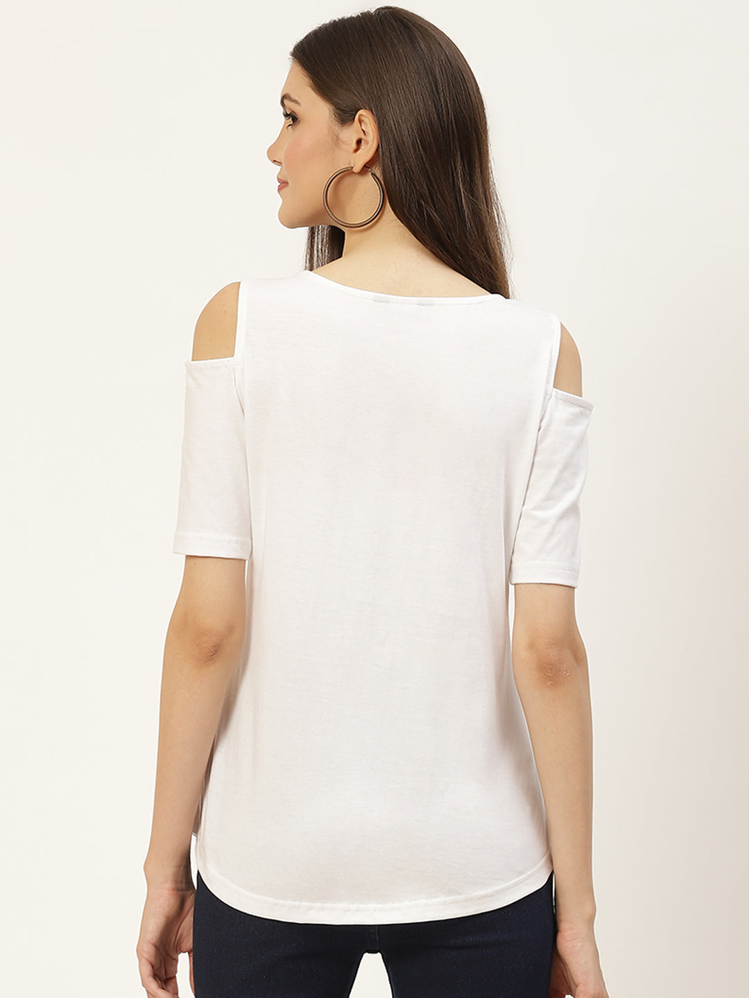 Women Cotton Solid Cold-Shoulder Sleeves Top