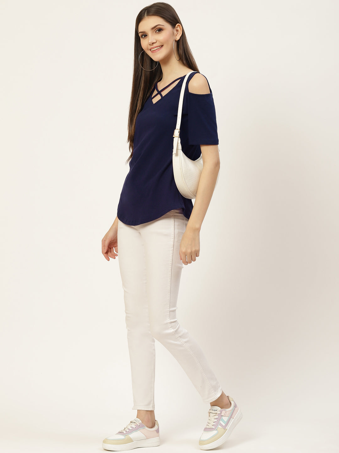 Women Cotton Solid Cold-Shoulder Sleeves Top