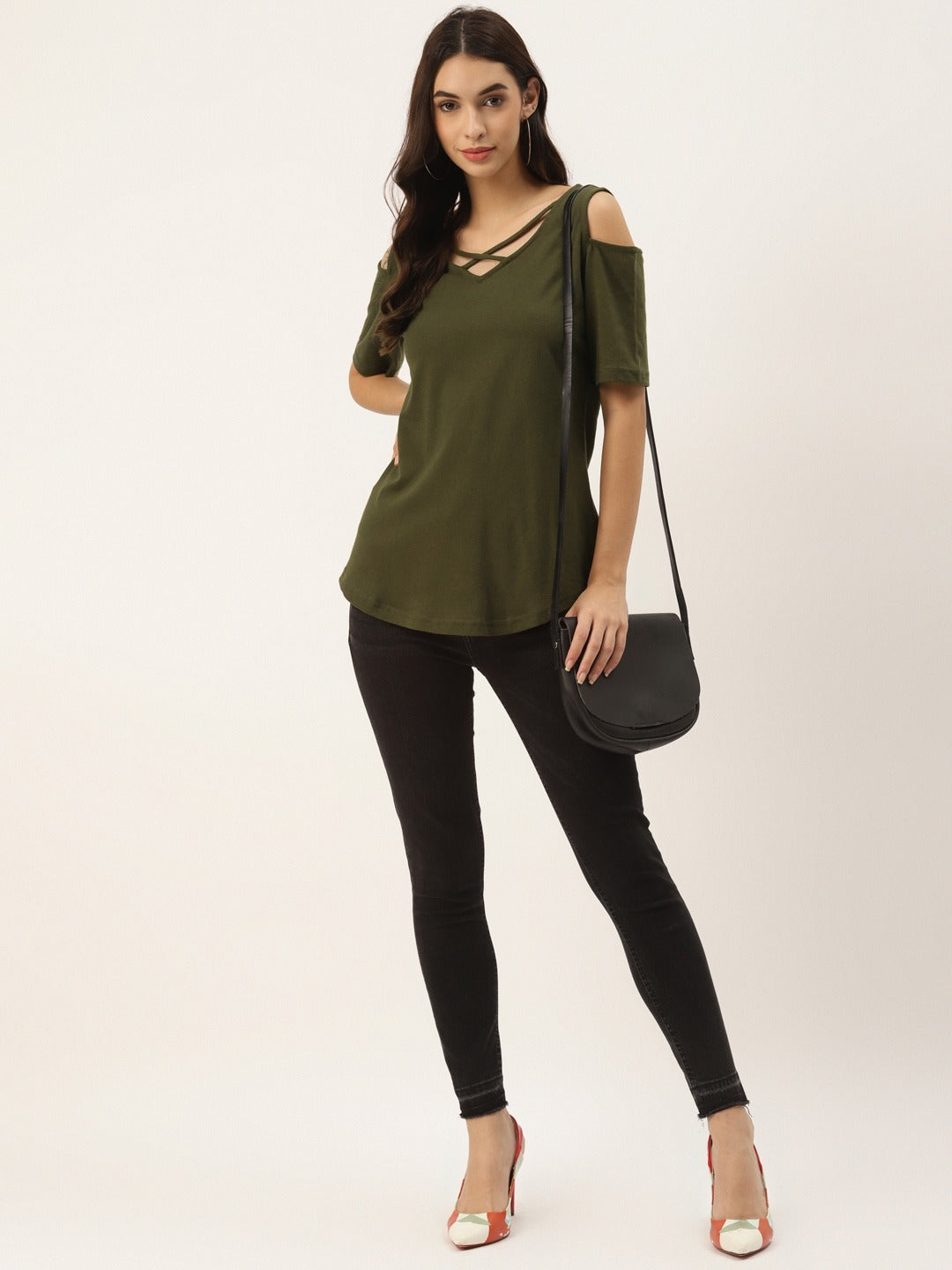 Women Cotton Solid Cold-Shoulder Sleeves Top