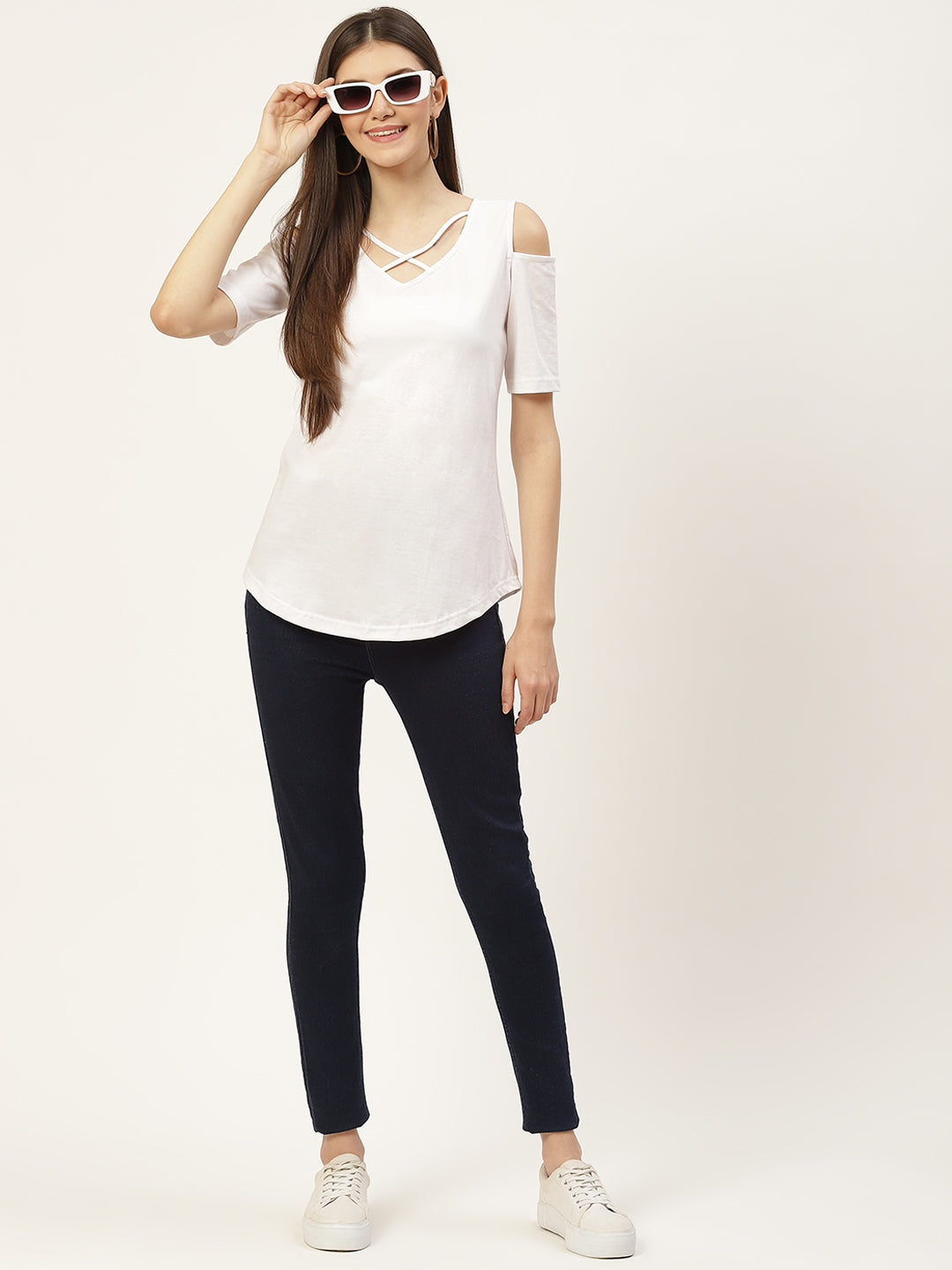 Women Cotton Solid Cold-Shoulder Sleeves Top