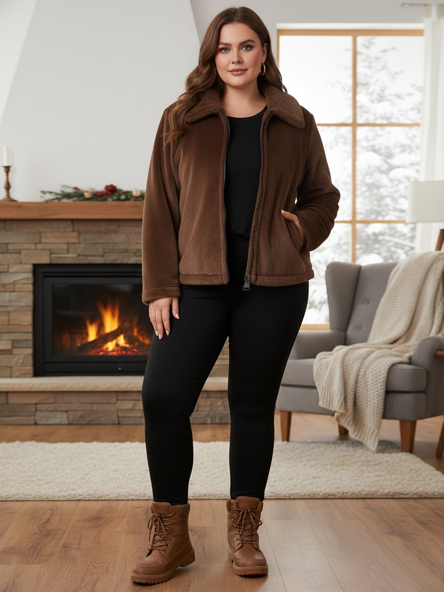 Plus Size Faux Fur Zip-Up Jacket