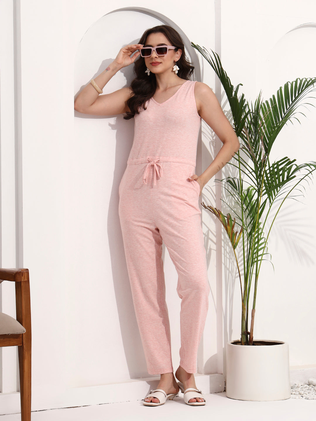 BRINNS Women V-Neck Pure Cotton Jumpsuit with Waist Tie-Up