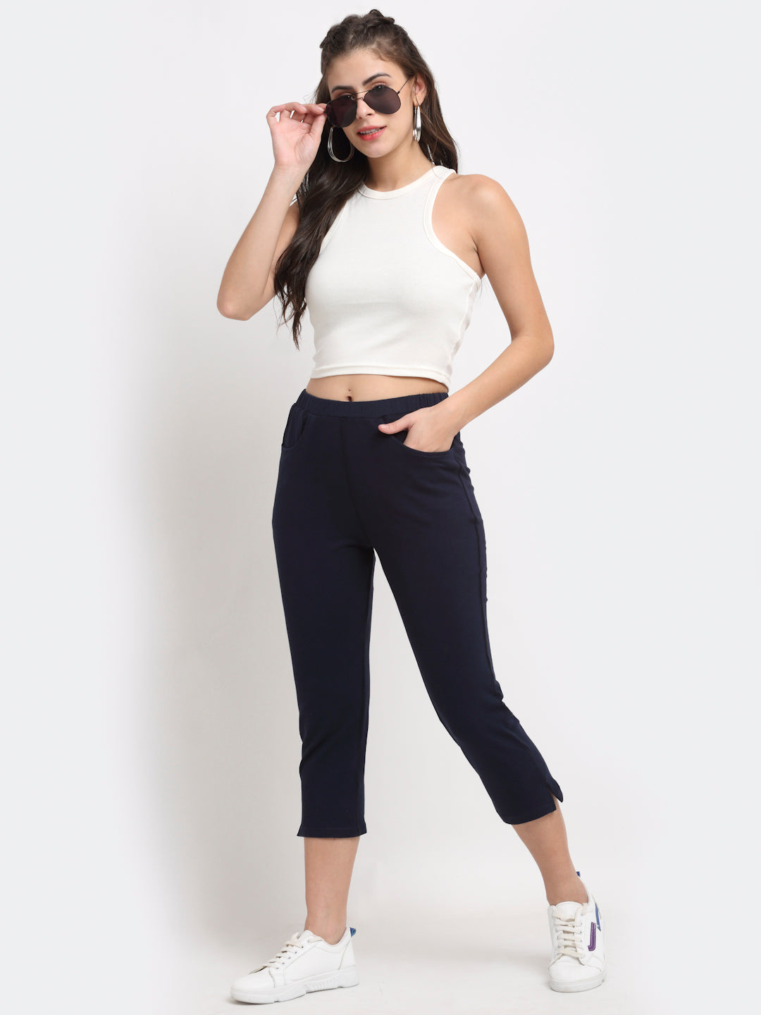 Women Solid Color Pure Cotton Capris