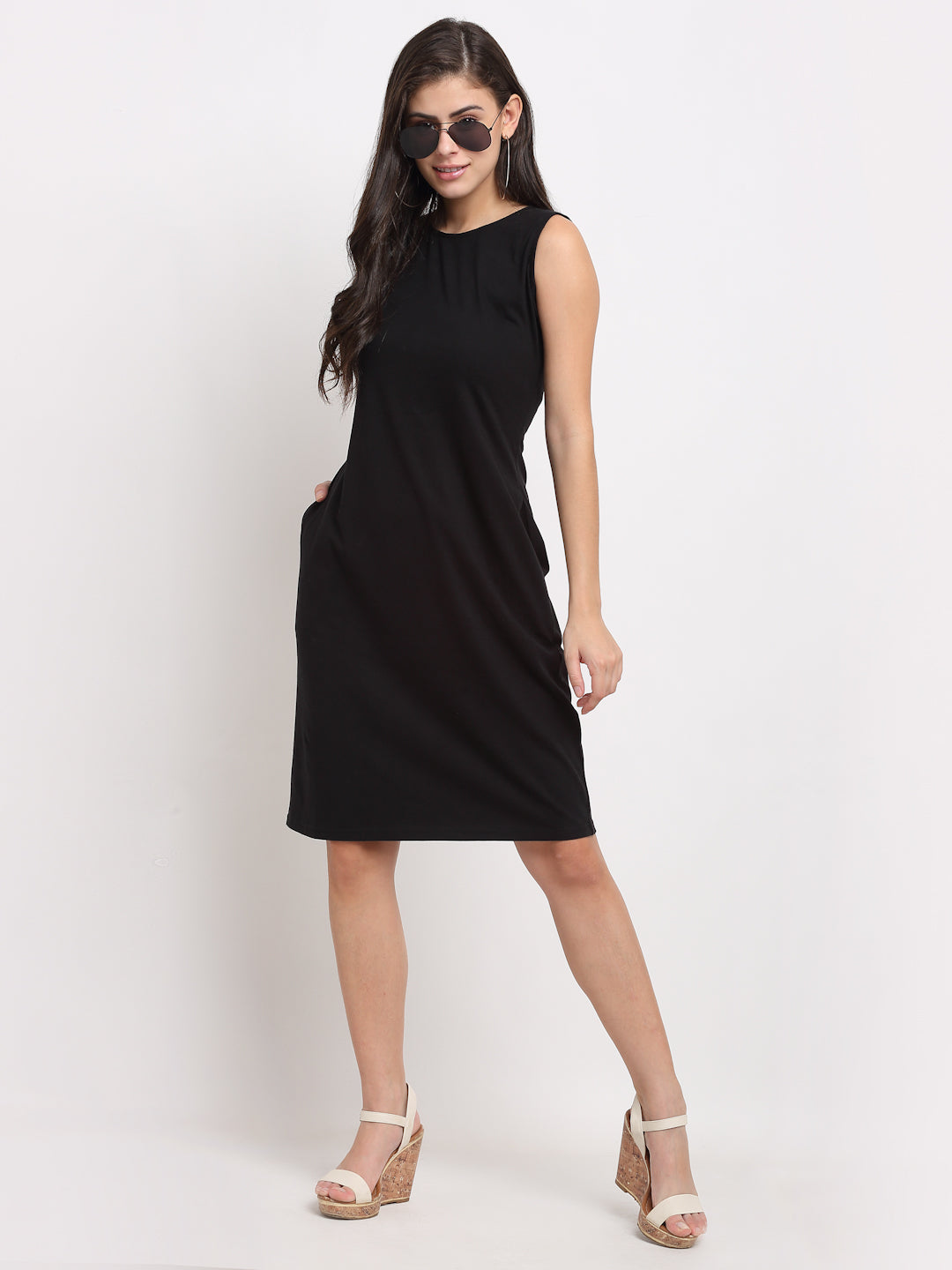 Pure Cotton Solid A-Line Sleeveless Dress