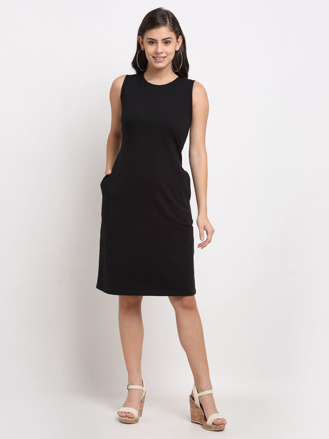 Pure Cotton Solid A-Line Sleeveless Dress