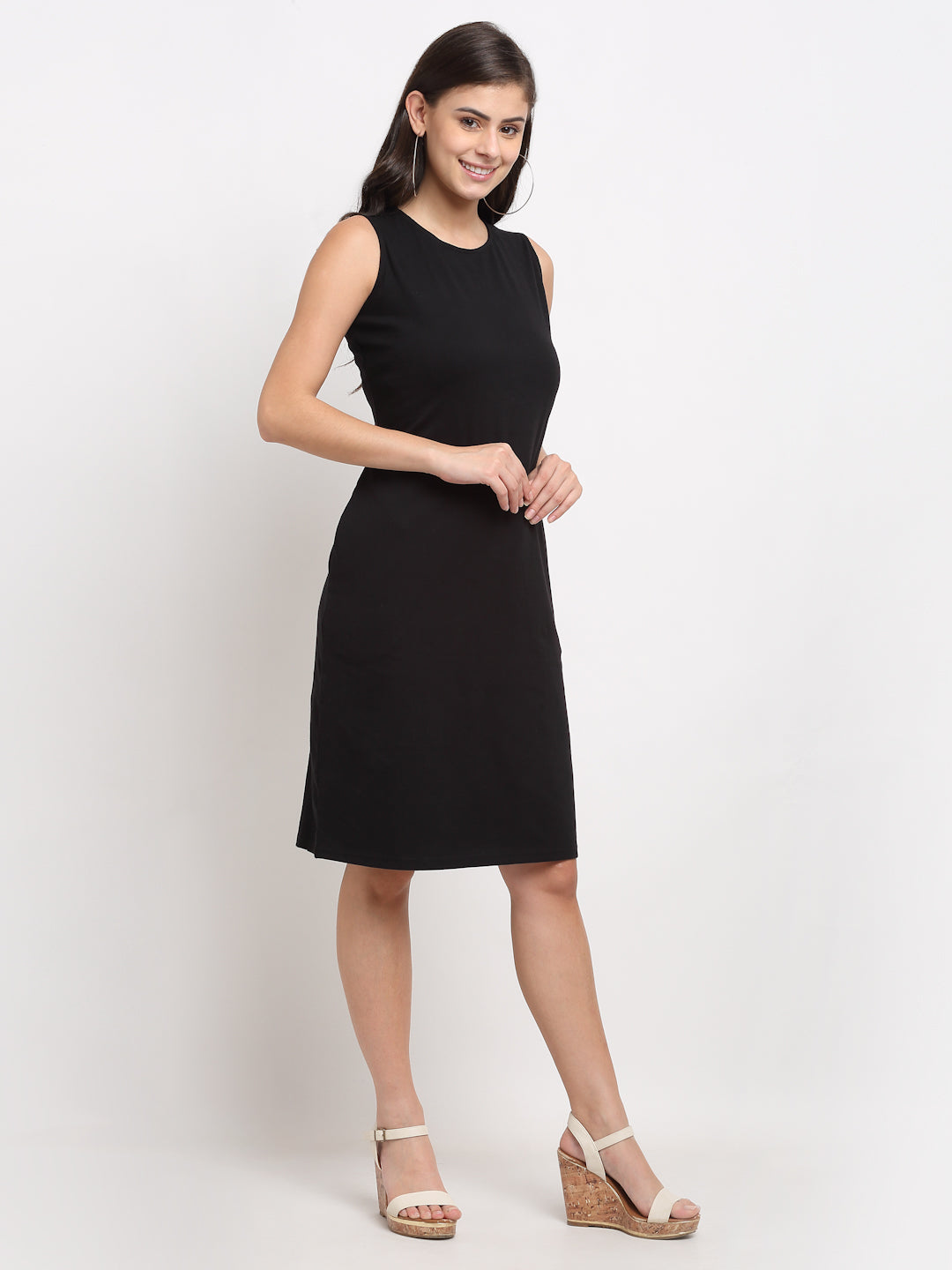 Pure Cotton Solid A-Line Sleeveless Dress