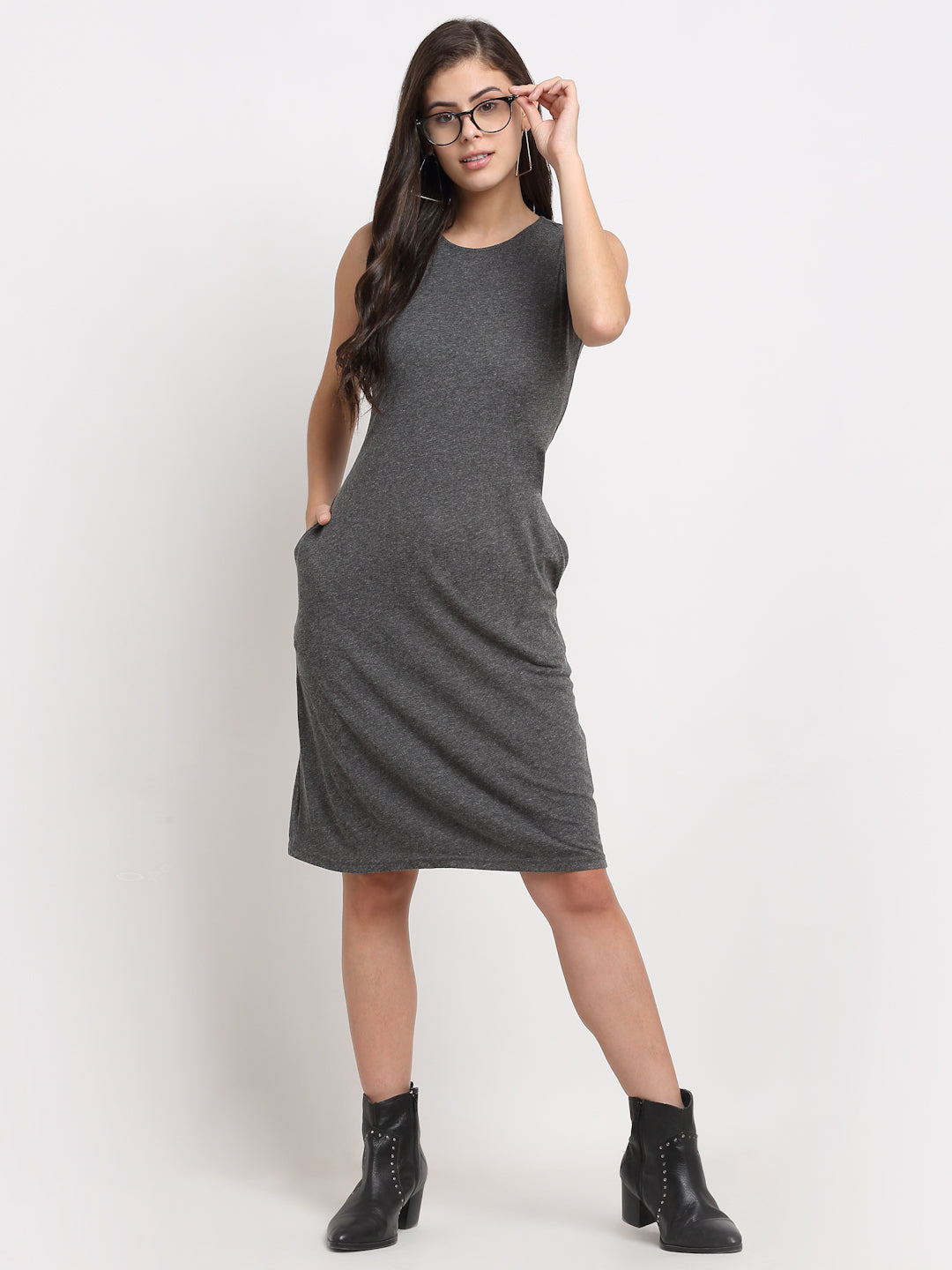Pure Cotton Solid A-Line Sleeveless Dress