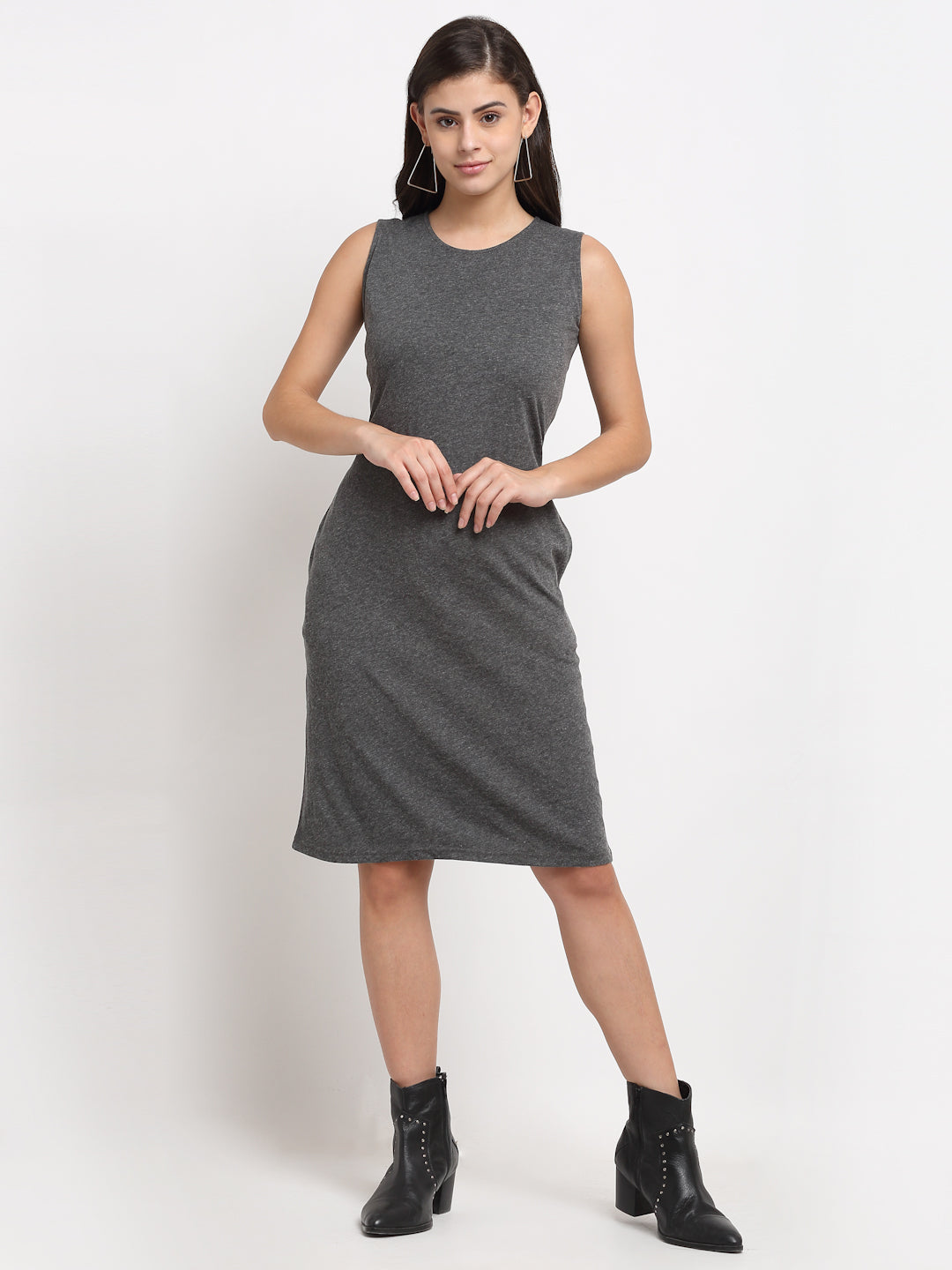 Pure Cotton Solid A-Line Sleeveless Dress