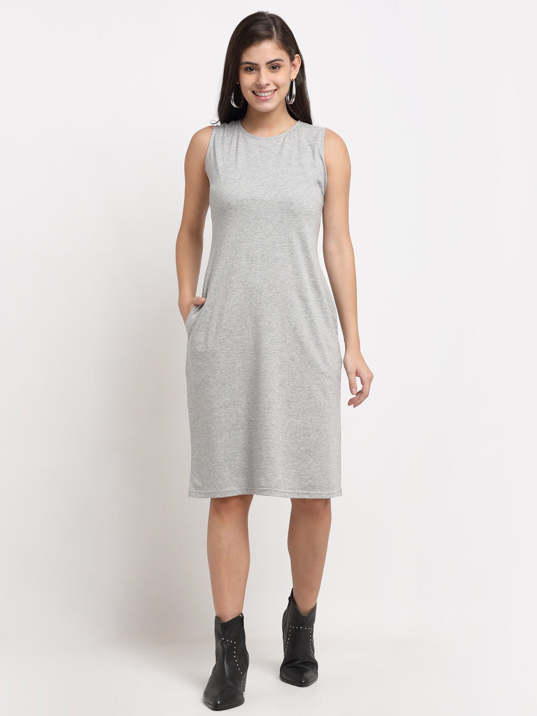 Pure Cotton Solid A-Line Sleeveless Dress