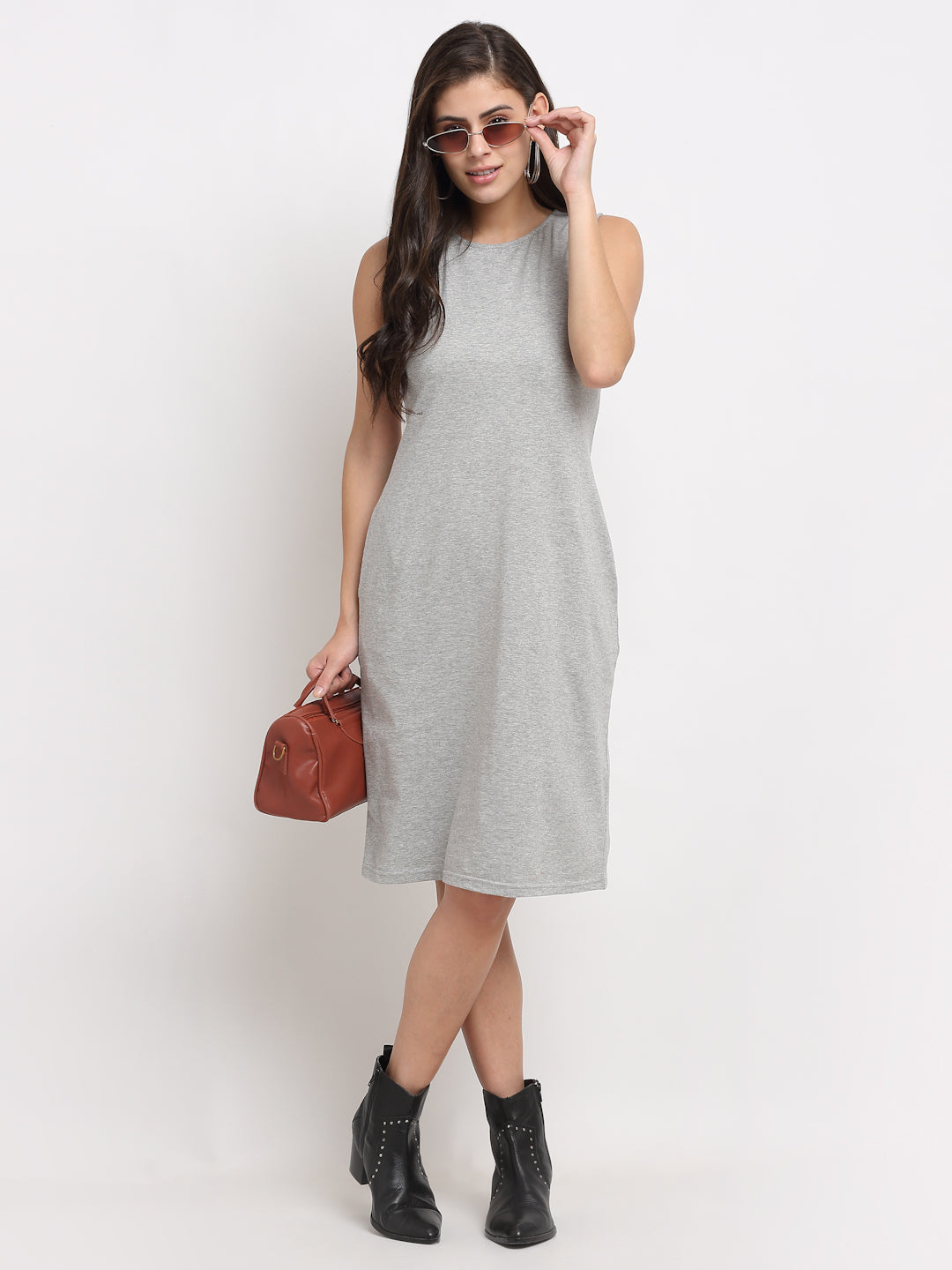Pure Cotton Solid A-Line Sleeveless Dress