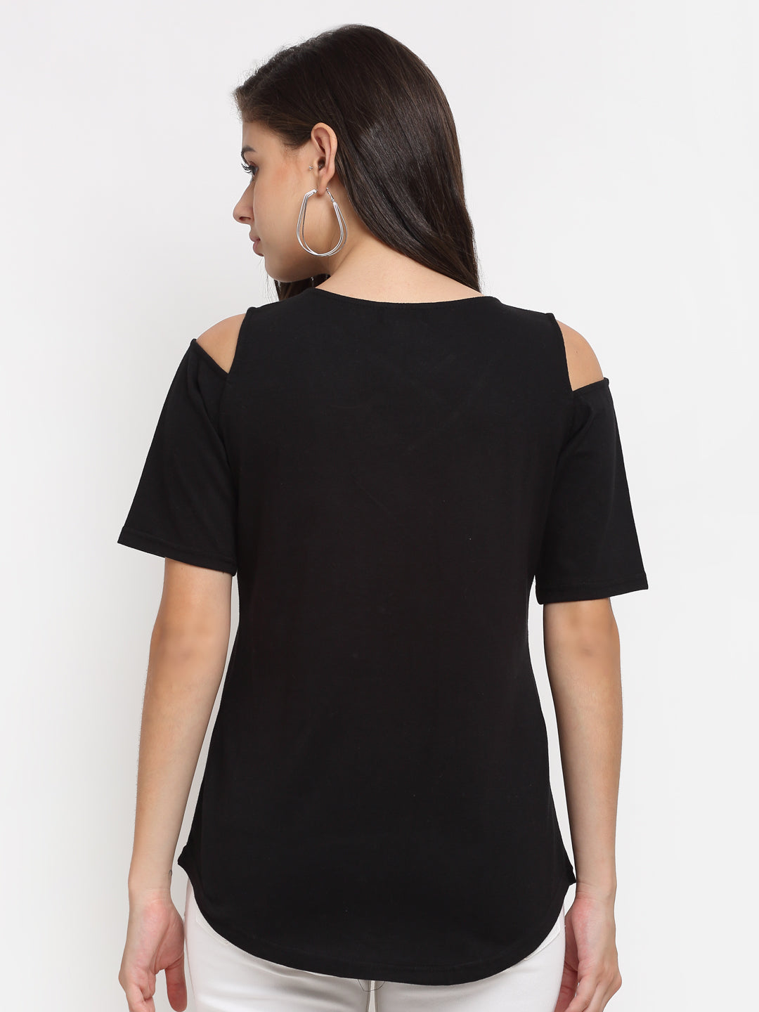 Women Cotton Solid Cold-Shoulder Sleeves Top