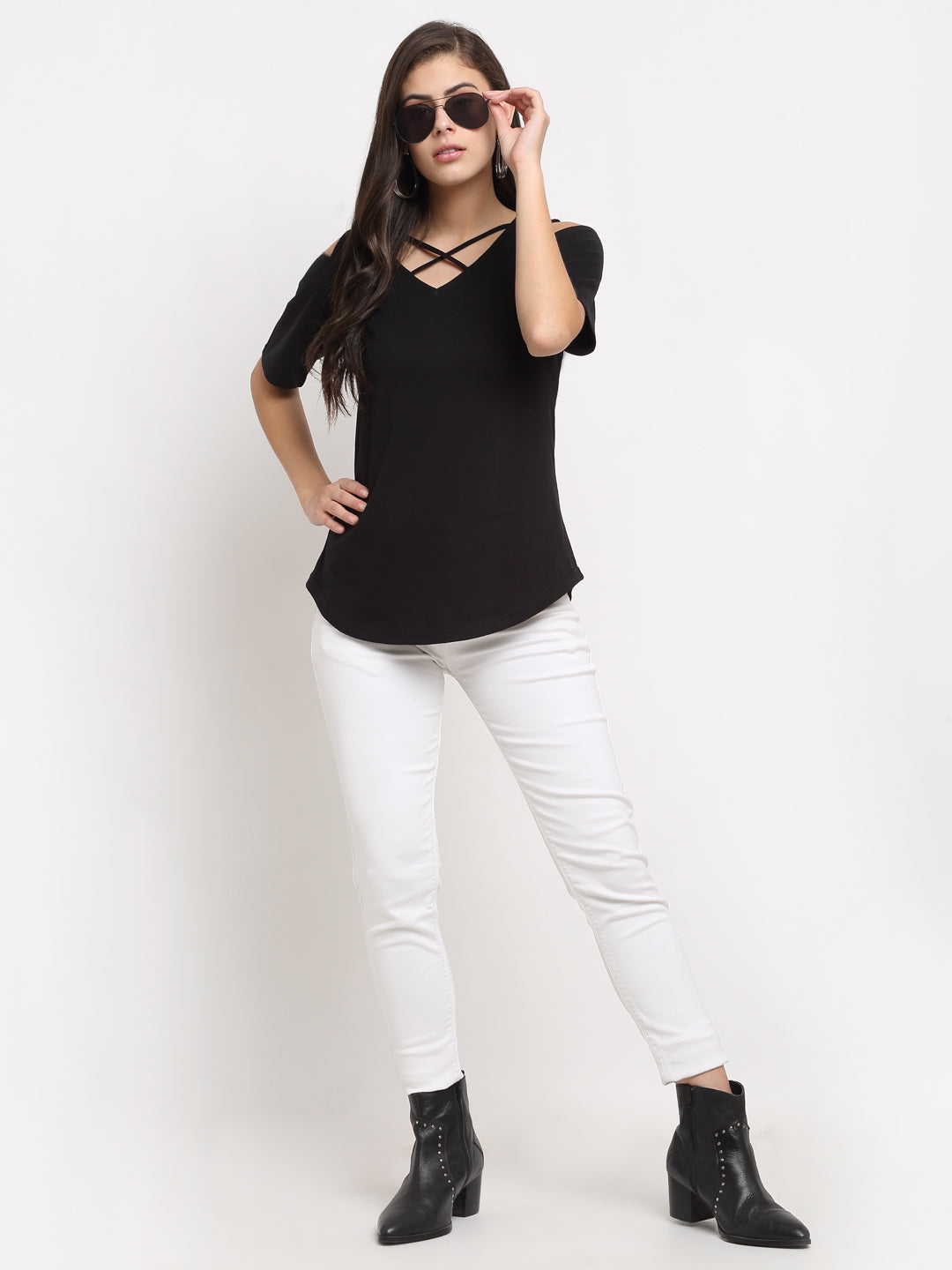 Women Cotton Solid Cold-Shoulder Sleeves Top