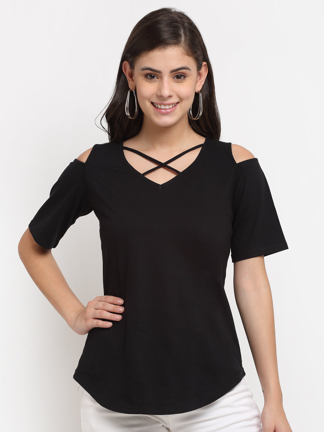 Women Cotton Solid Cold-Shoulder Sleeves Top