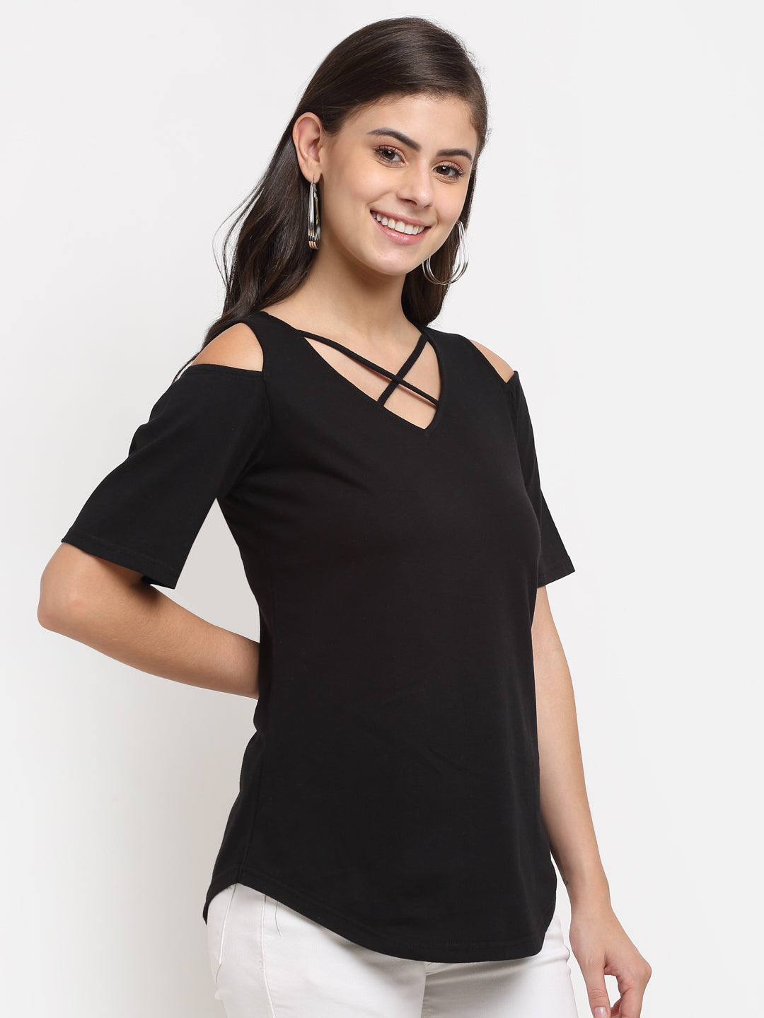 Women Cotton Solid Cold-Shoulder Sleeves Top