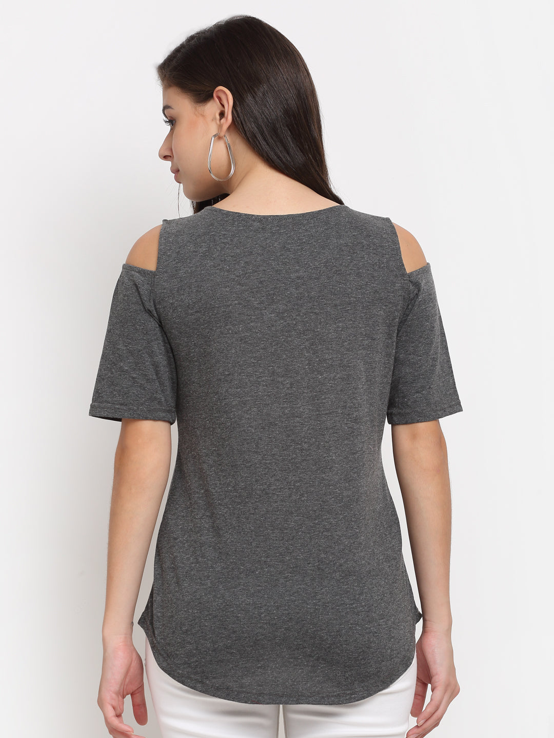 Women Cotton Solid Cold-Shoulder Sleeves Top