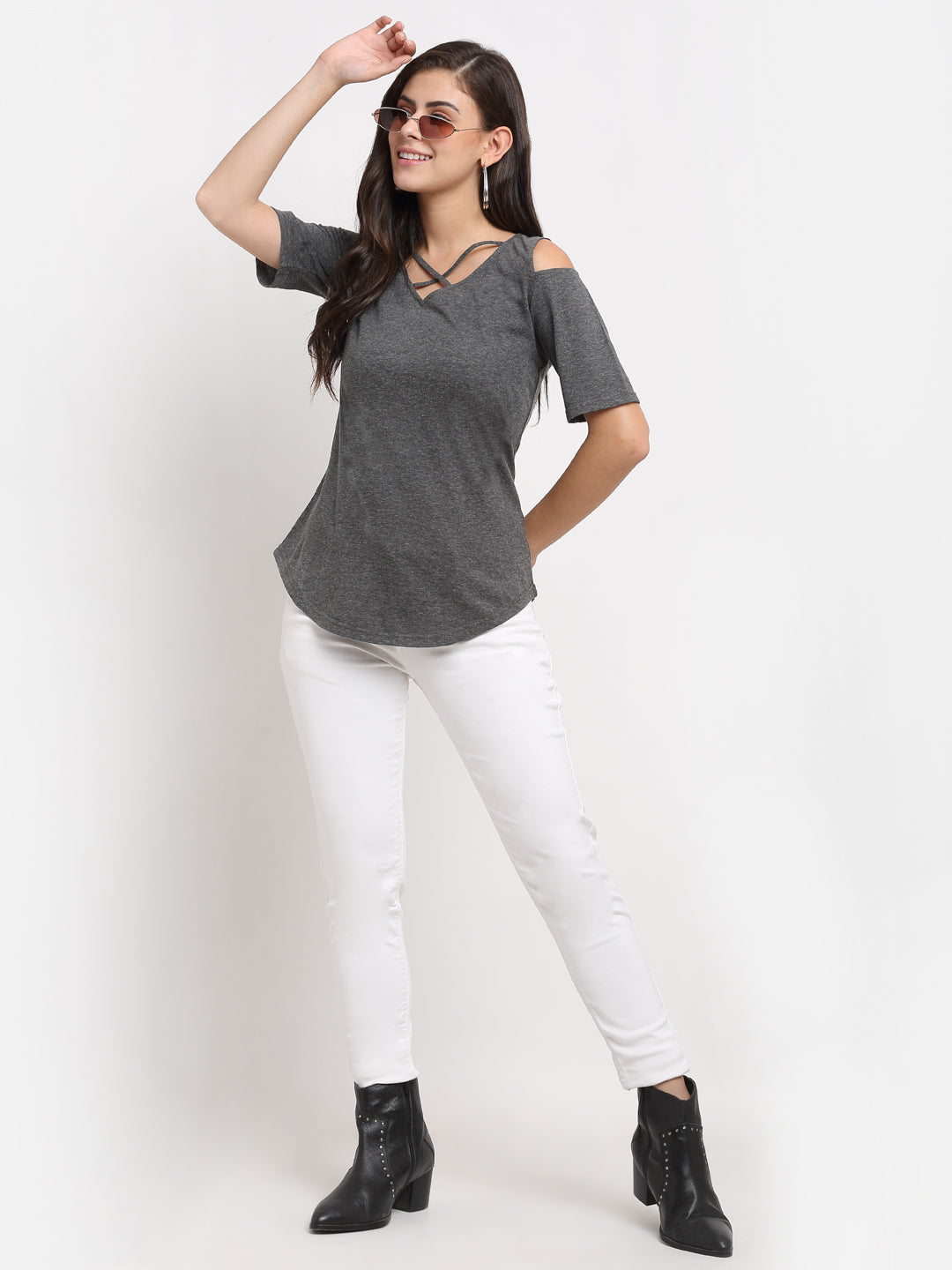 Women Cotton Solid Cold-Shoulder Sleeves Top