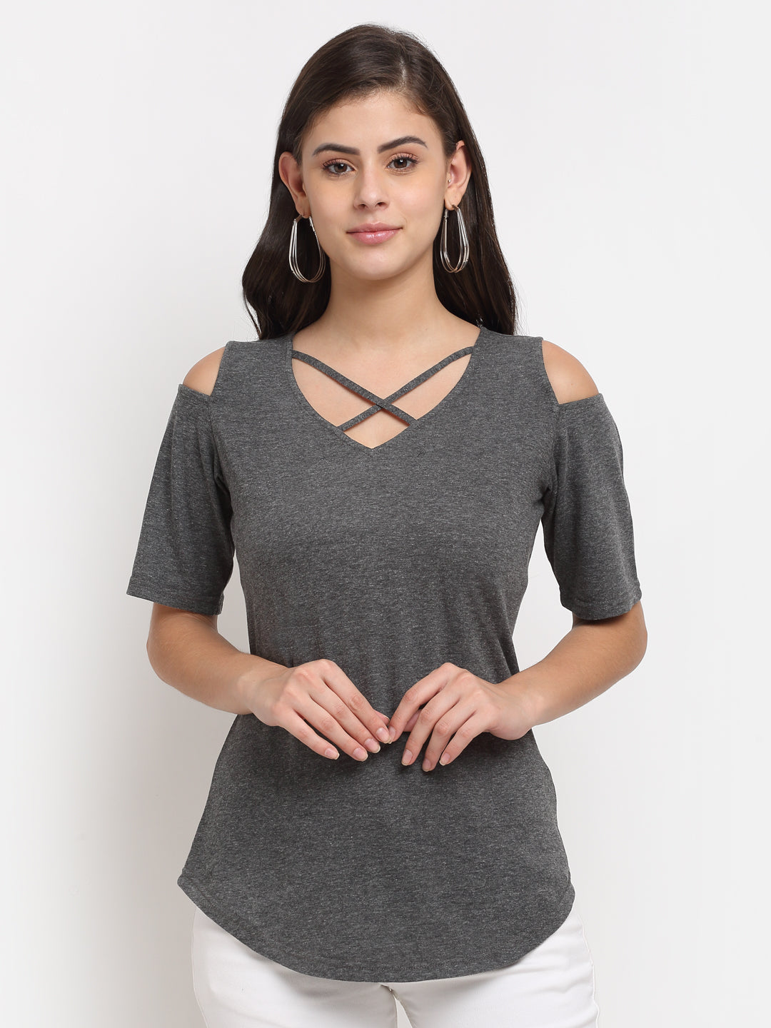 Women Cotton Solid Cold-Shoulder Sleeves Top