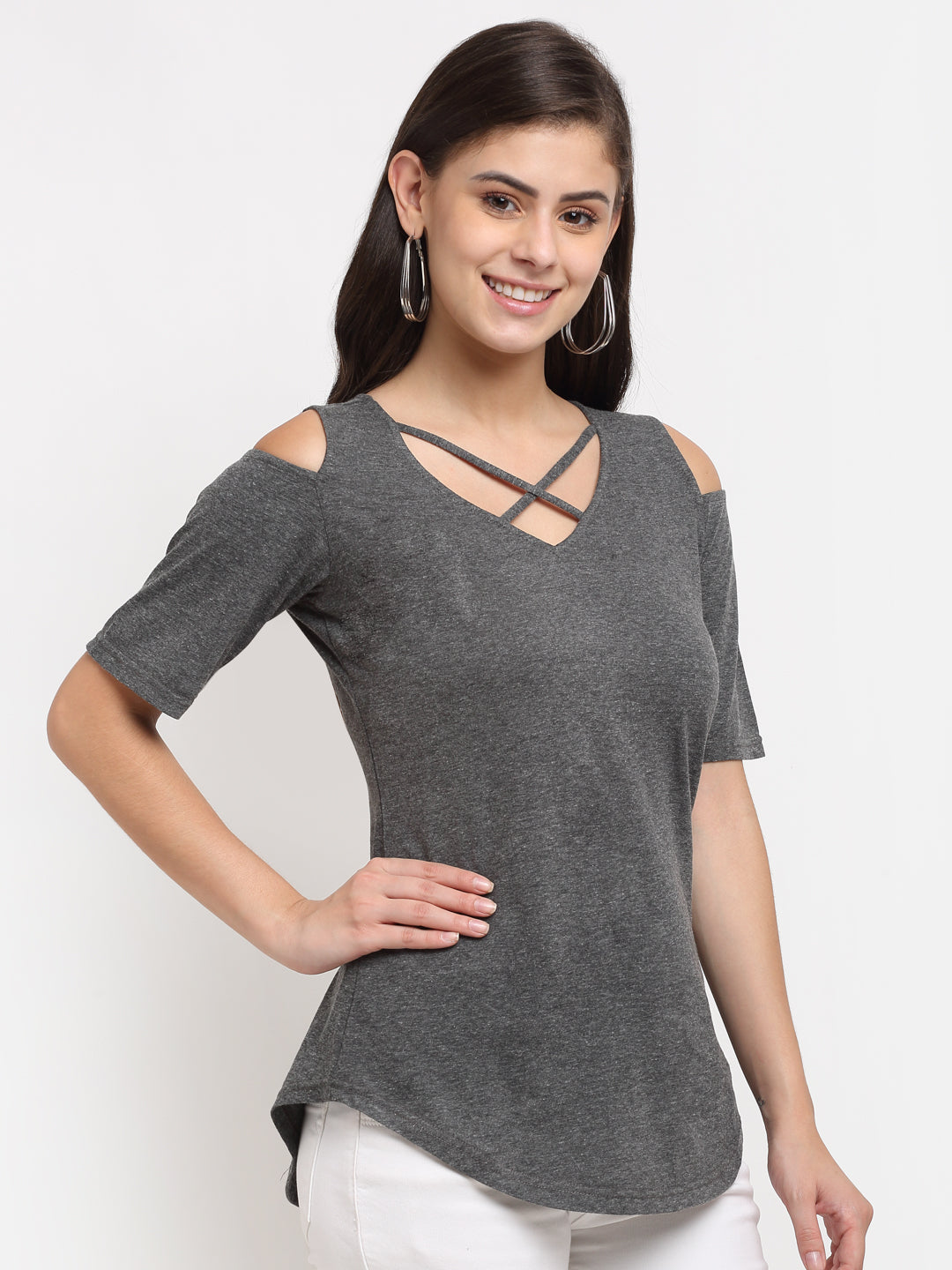 Women Cotton Solid Cold-Shoulder Sleeves Top