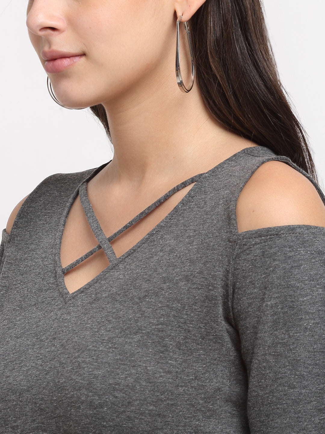Women Cotton Solid Cold-Shoulder Sleeves Top