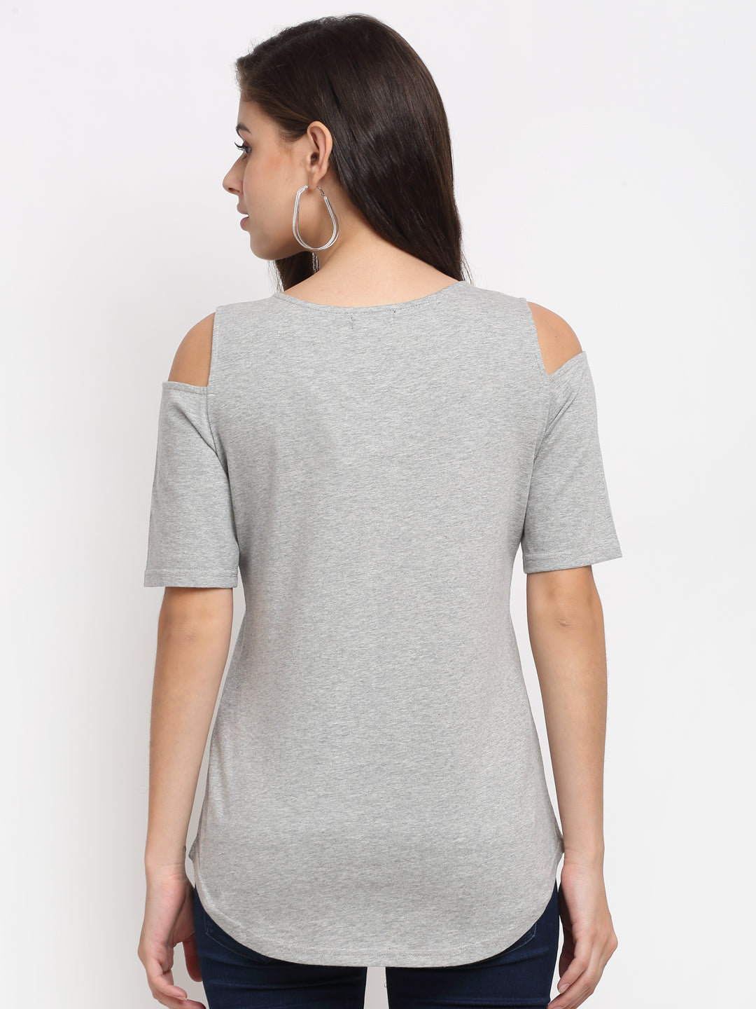 Women Cotton Solid Cold-Shoulder Sleeves Top