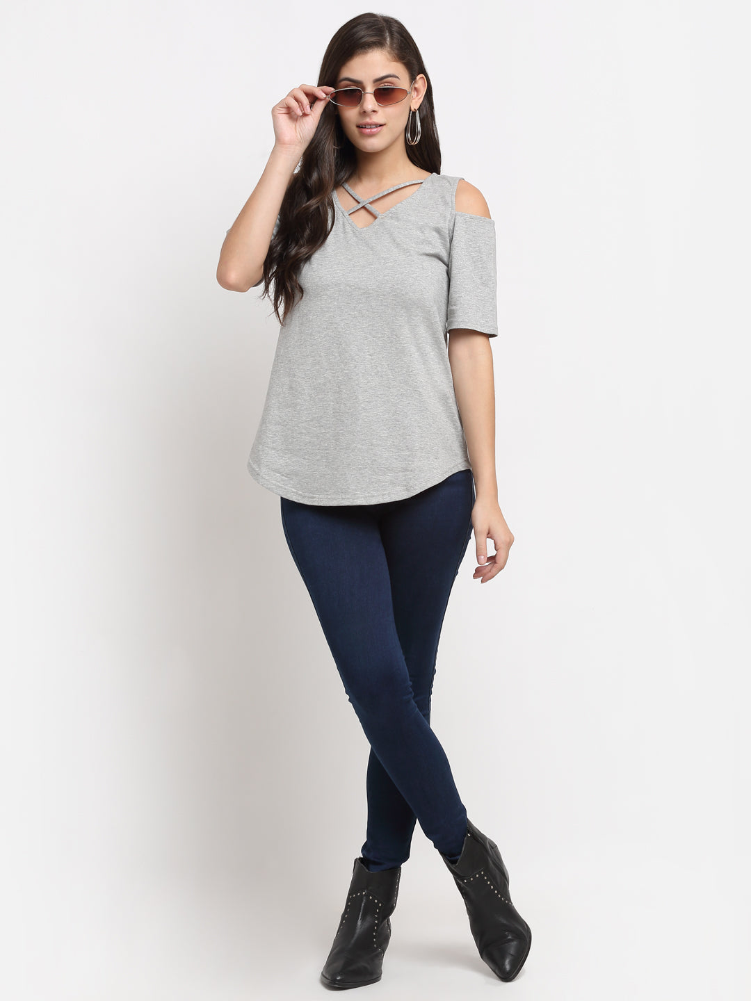 Women Cotton Solid Cold-Shoulder Sleeves Top