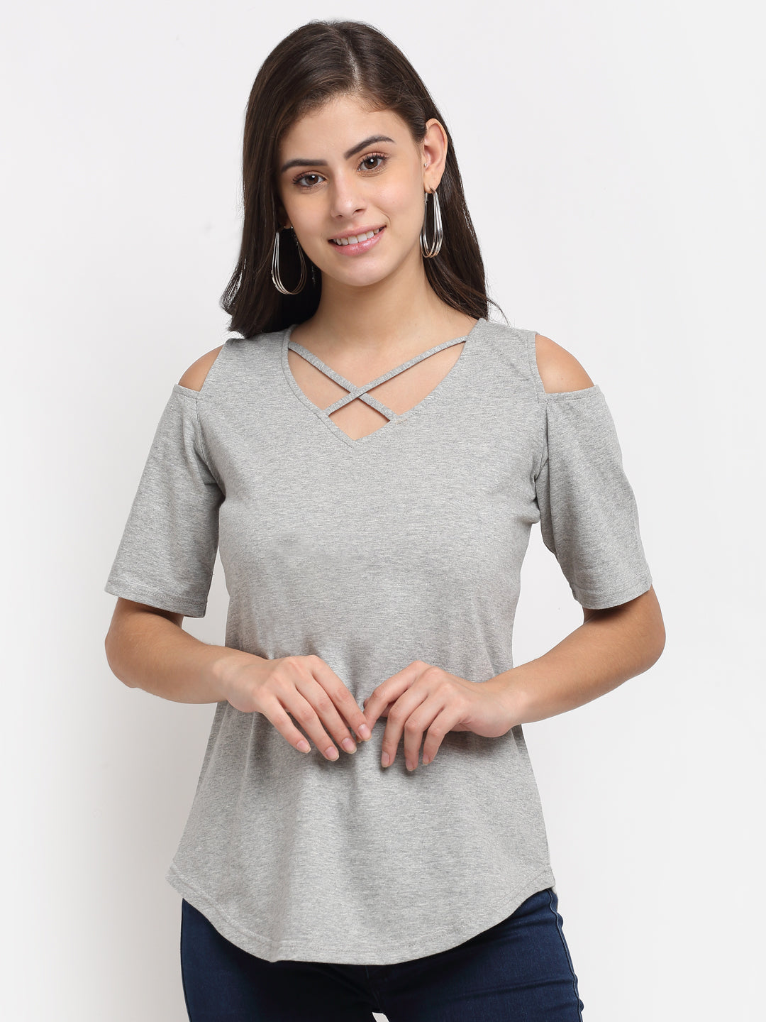 Women Cotton Solid Cold-Shoulder Sleeves Top