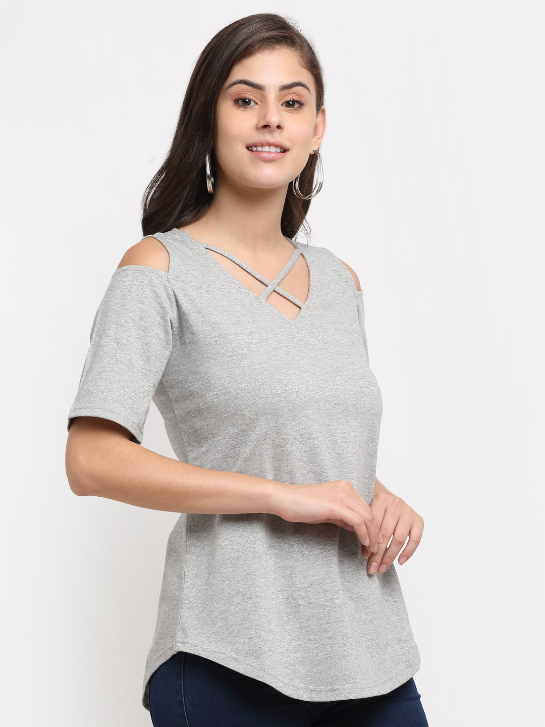 Women Cotton Solid Cold-Shoulder Sleeves Top