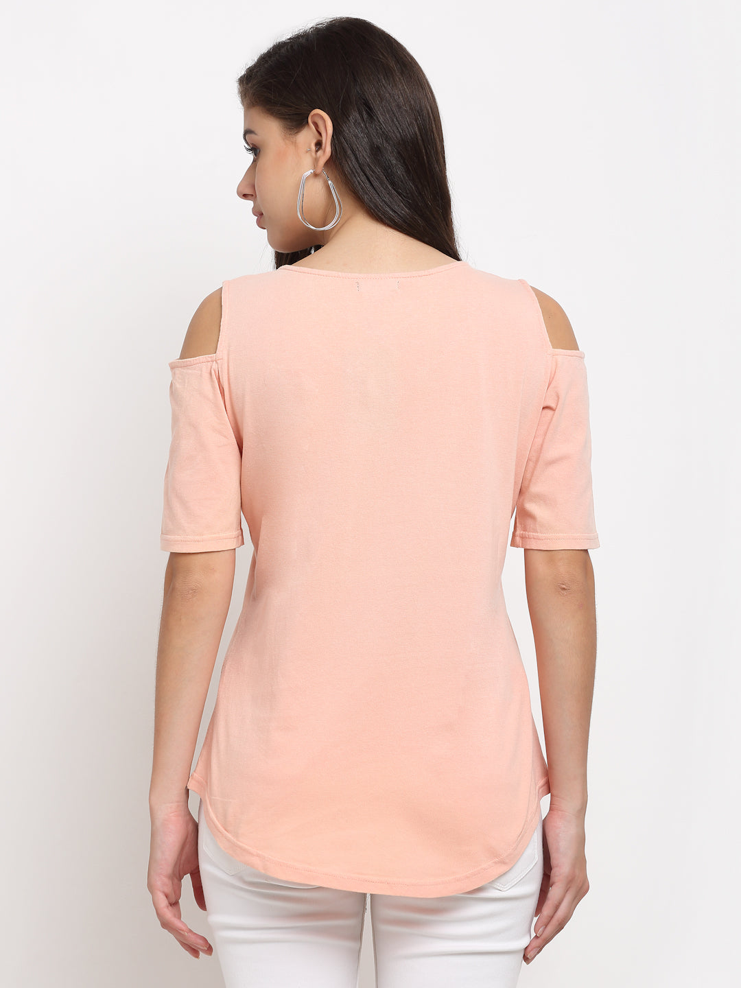 Women Cotton Solid Cold-Shoulder Sleeves Top