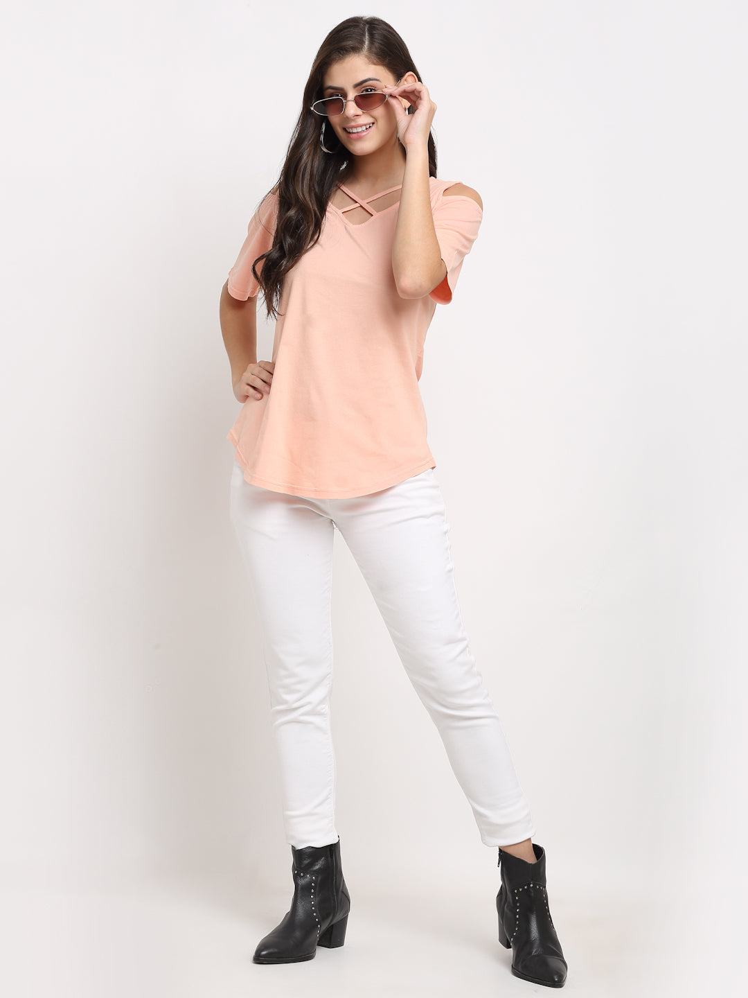 Women Cotton Solid Cold-Shoulder Sleeves Top