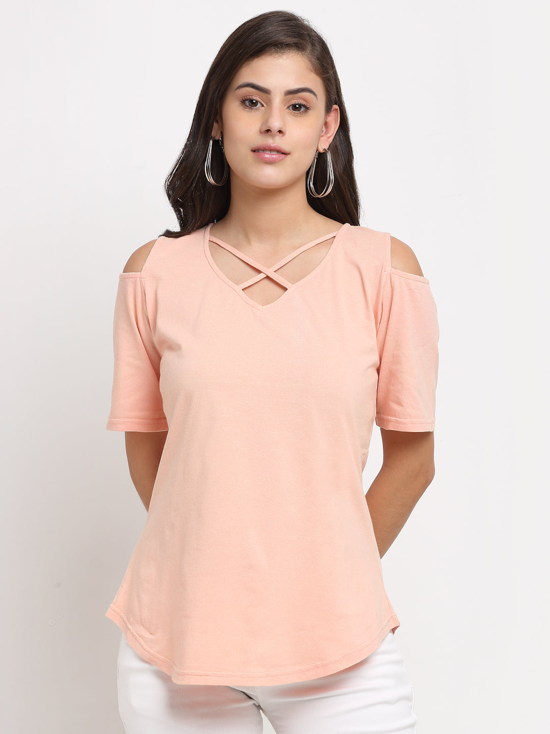 Women Cotton Solid Cold-Shoulder Sleeves Top