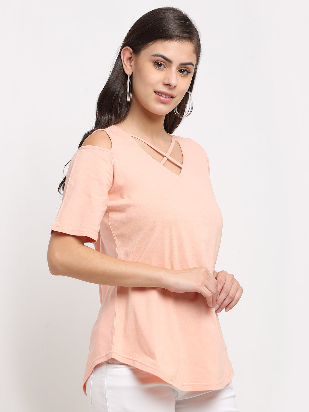 Women Cotton Solid Cold-Shoulder Sleeves Top