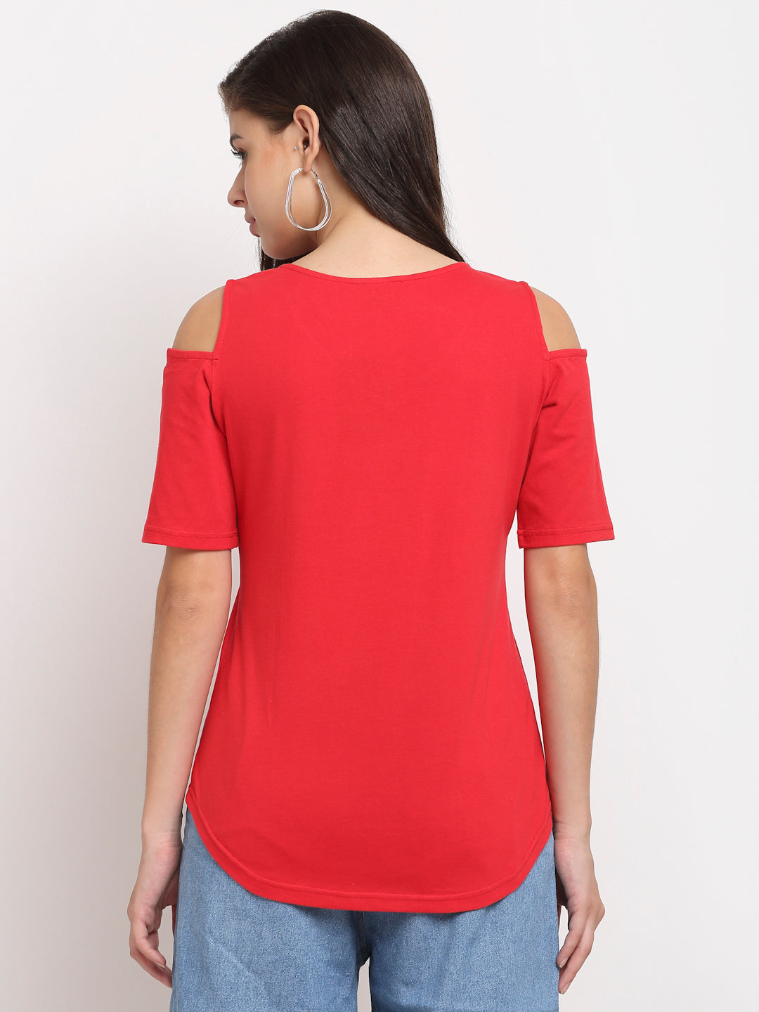Women Cotton Solid Cold-Shoulder Sleeves Top