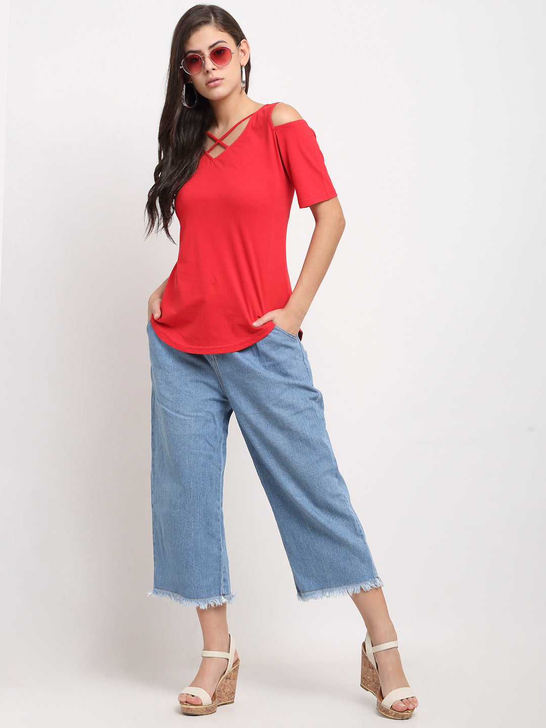 Women Cotton Solid Cold-Shoulder Sleeves Top