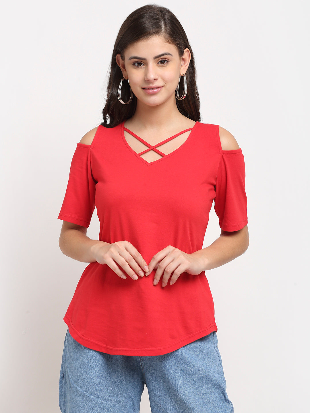 Women Cotton Solid Cold-Shoulder Sleeves Top