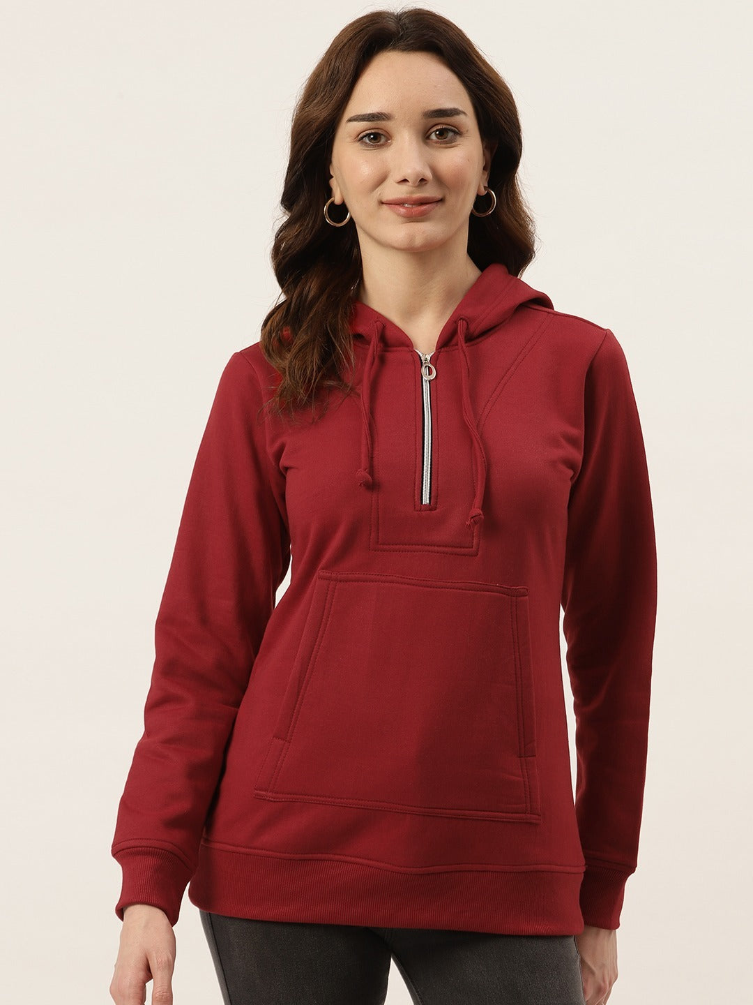 Women Burgundy Fleece Hooded Sweatshirt