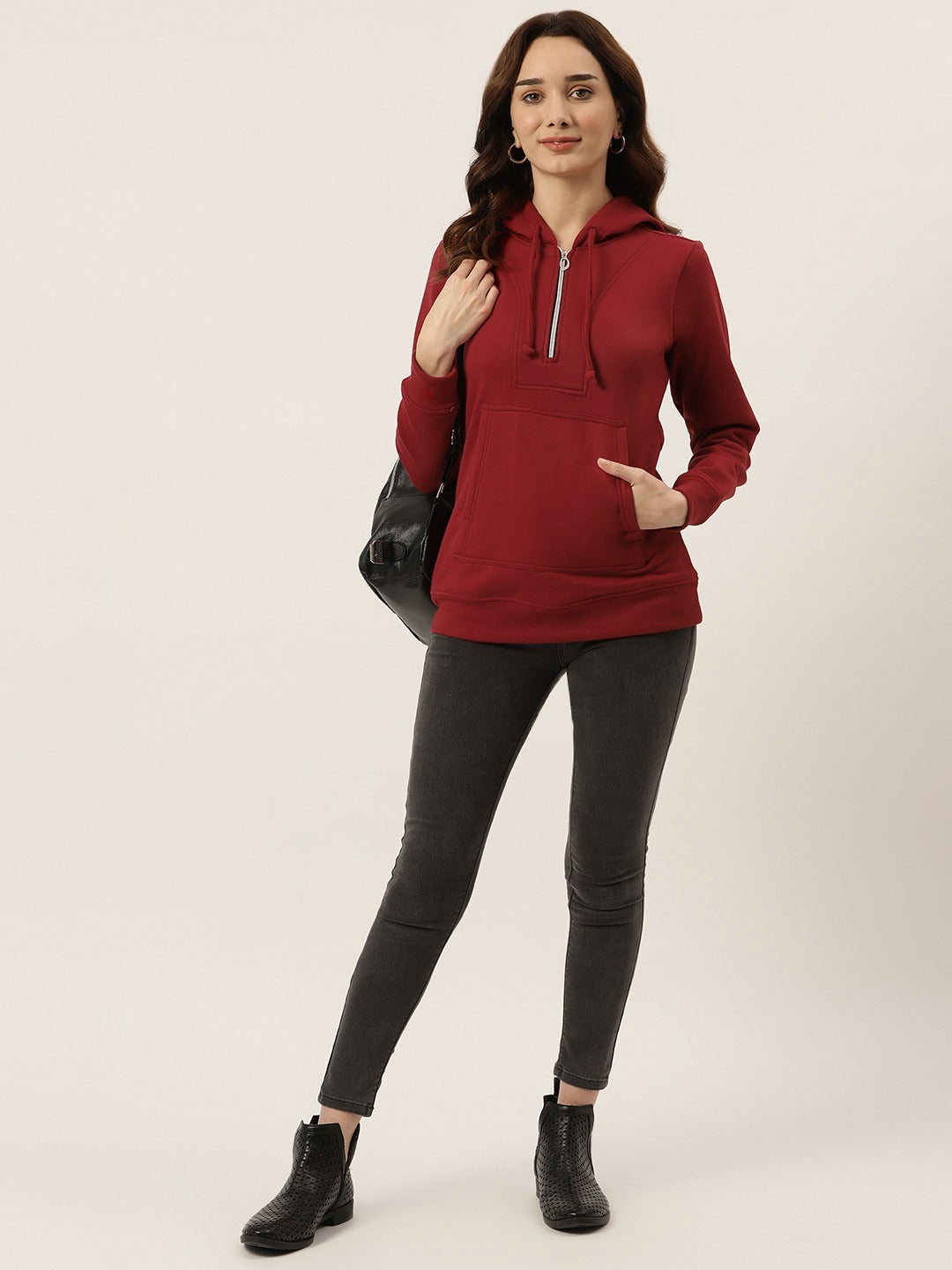 Women Burgundy Fleece Hooded Sweatshirt