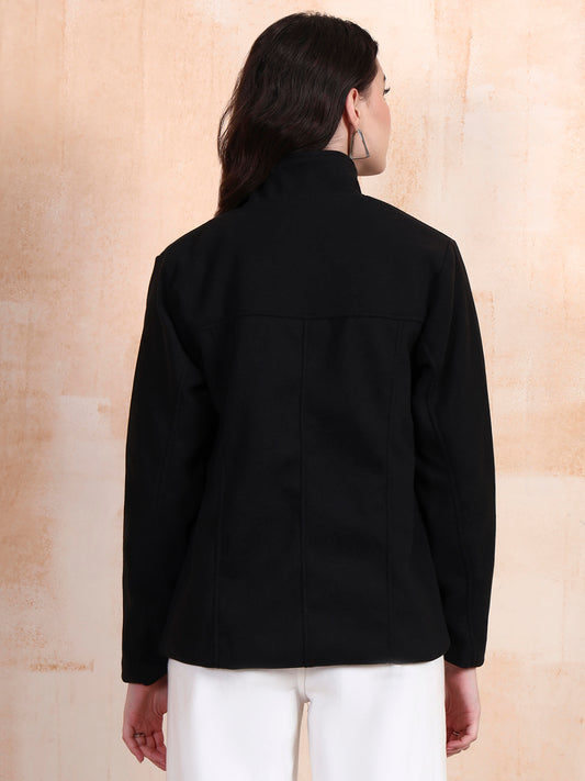 Solid Woven Tailored Jacket with Spread Collar and Pockets