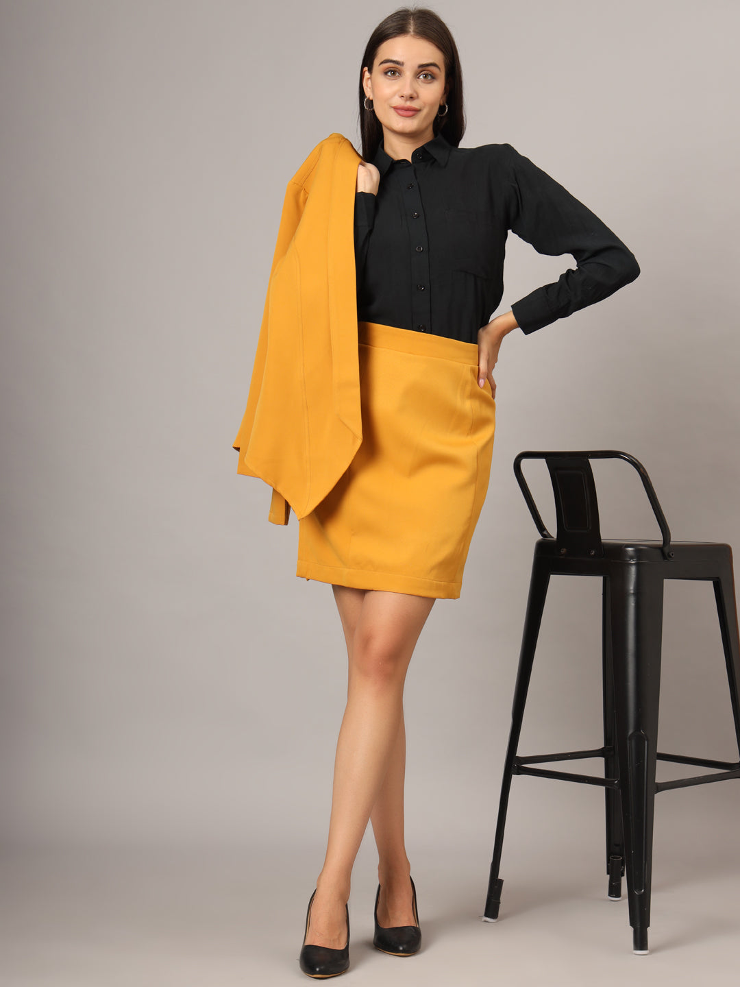 Open Front Long Sleeves Blazer With Skirts