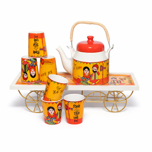 Balle Balle Tea Kettle & Glass Set with Cart Tray | Kettle (1200 ml) & 6 Glass (120 ml)