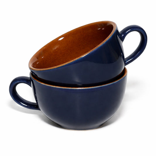 Soup Bowls with Handle| Blue - Brown, Set of 2, 400 ml