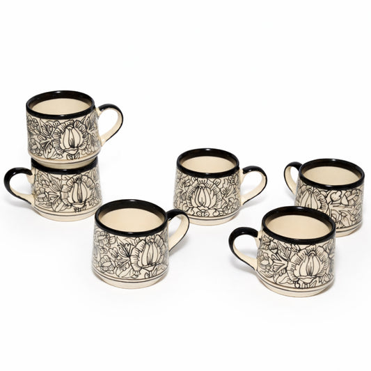 Tea Cups Set of 6 | Cream - Black 'Kalamkari' Painting | 170ml