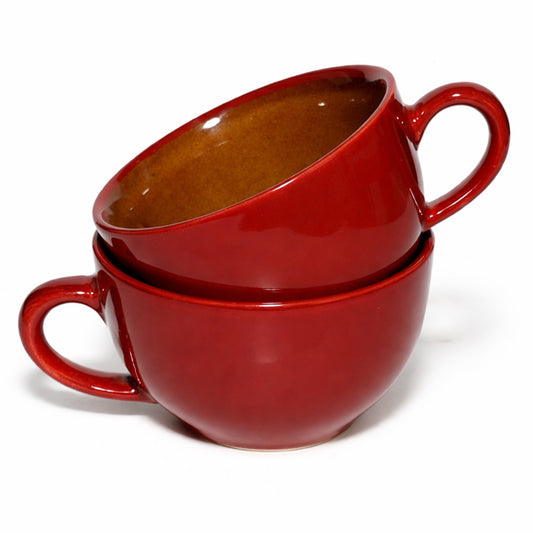 Soup Bowls with Handle| Red - Brown, Set of 2, 400 ml